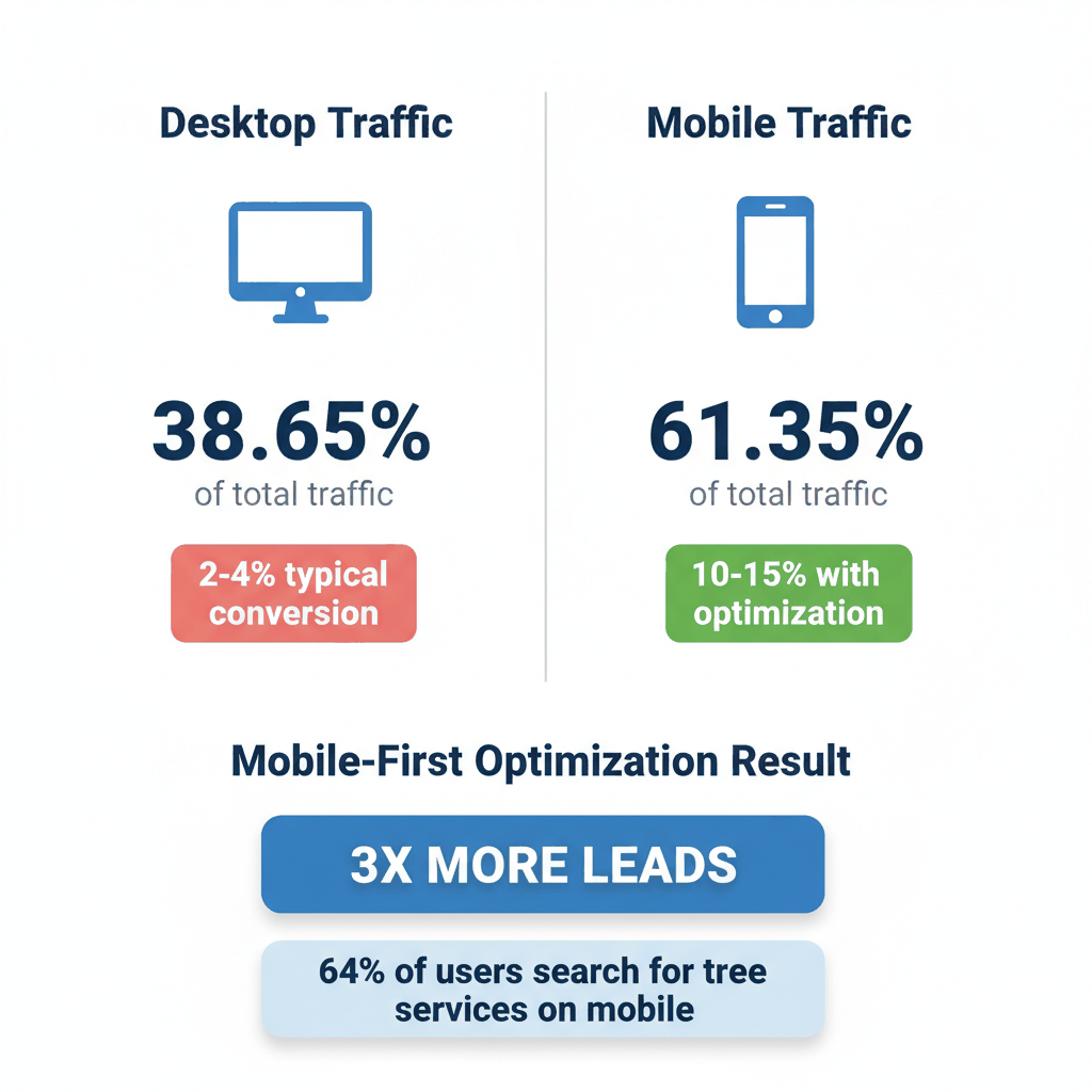 Mobile vs desktop traffic comparison showing 61.35% mobile usage and higher conversion rates for tree service websites