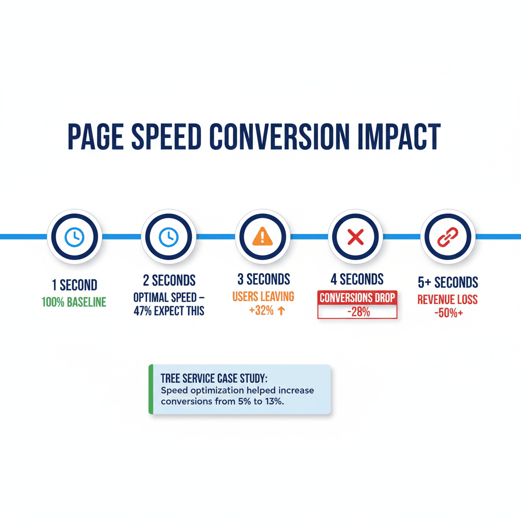 Page speed timeline showing conversion rate drops from 1 to 5+ seconds loading time for tree service websites