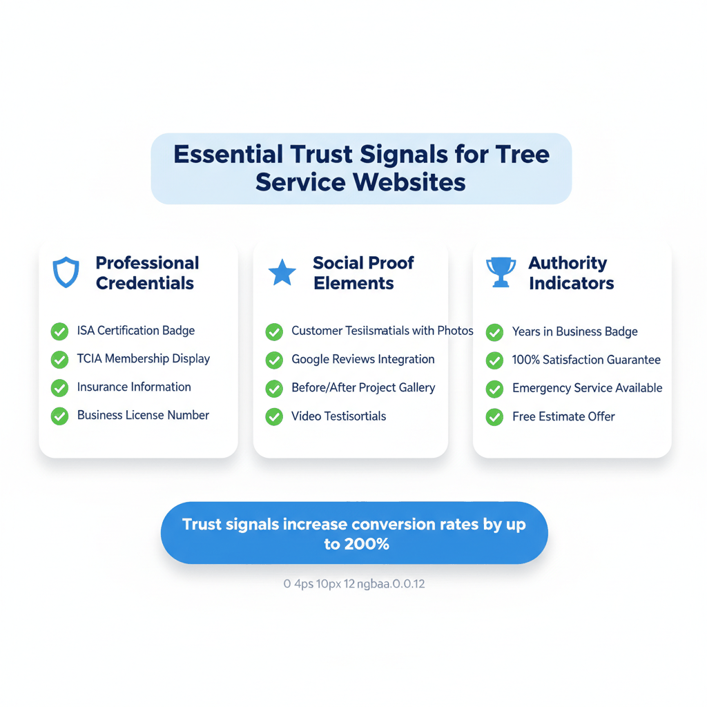 Trust signals checklist showing professional credentials, social proof, and authority indicators for tree service websites