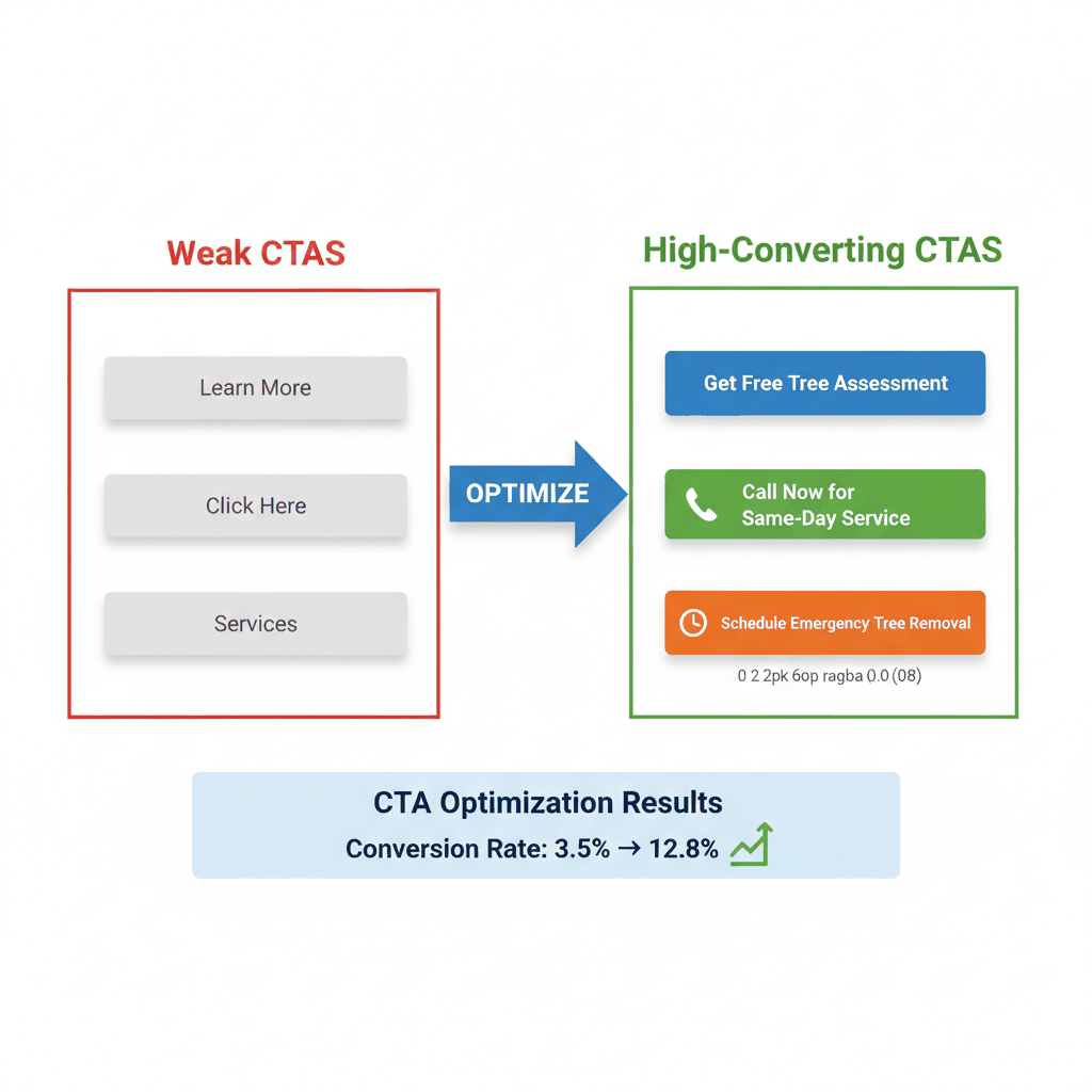 Before and after comparison of weak vs high-converting call-to-action buttons for tree service websites