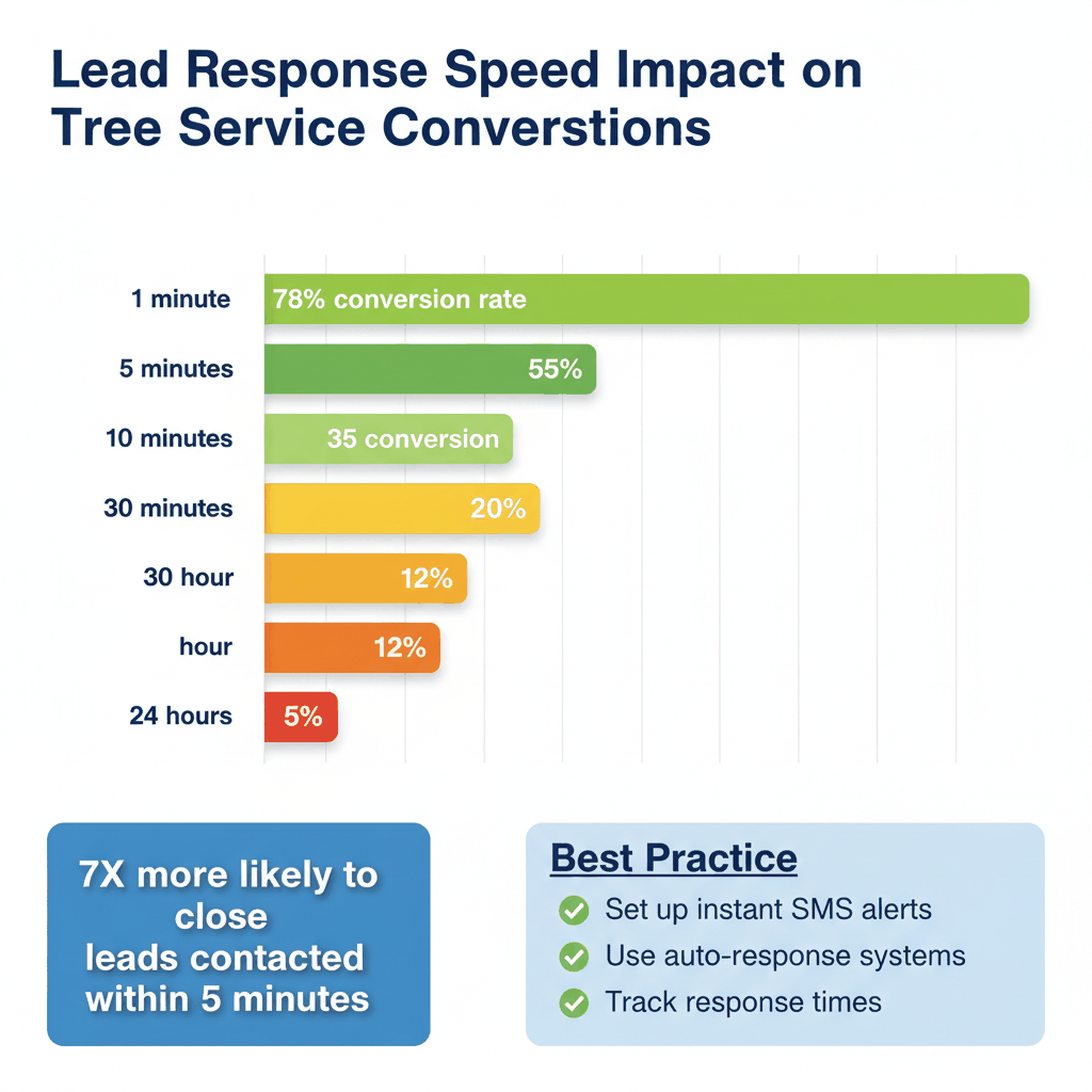 Lead response time chart showing 78% conversion rate at 1 minute dropping to 5% at 24 hours for tree service leads