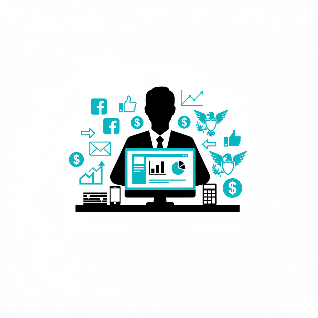 Bold graphic illustration of Medicare insurance agent using Facebook advertising for lead generation