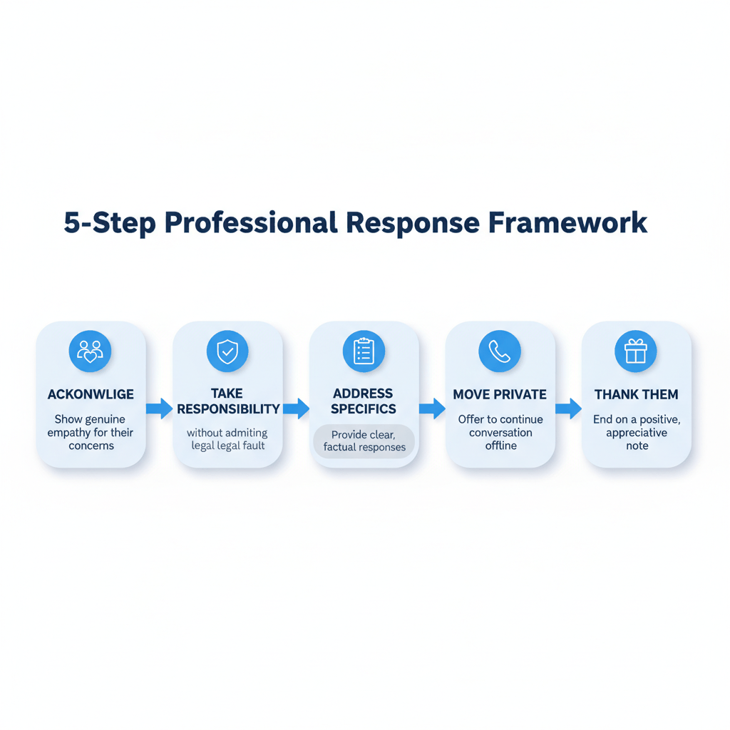 5-step professional review response framework for auto insurance agents - process infographic showing acknowledgment, responsibility, specifics, private conversation, and thanks