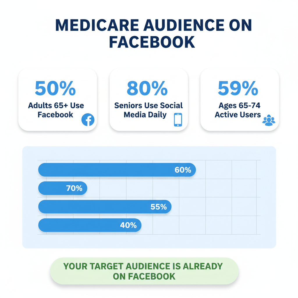 Medicare Facebook advertising audience demographics showing 50% of seniors age 65+ use Facebook actively with usage statistics