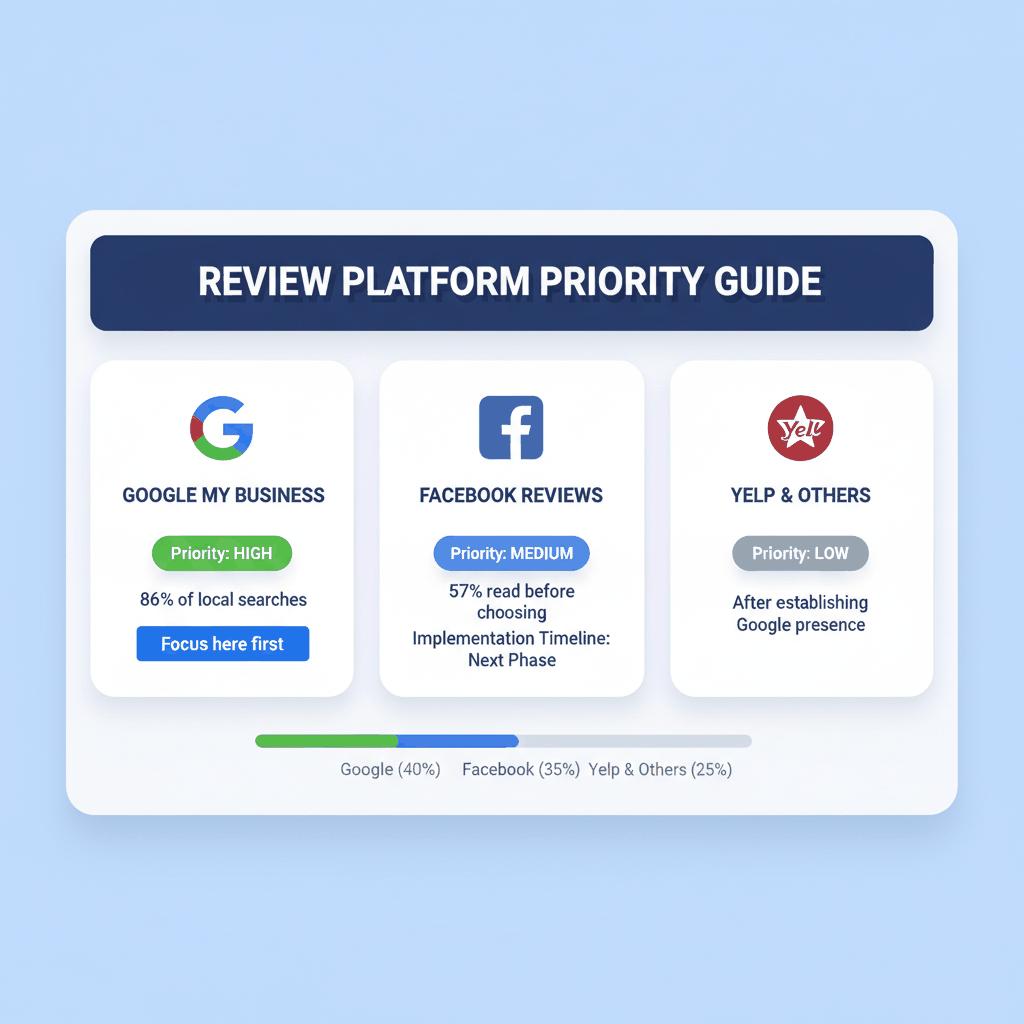 Review platform prioritization guide for insurance agents showing Google My Business as highest priority, Facebook as medium priority, and Yelp as lower priority with implementation timeline