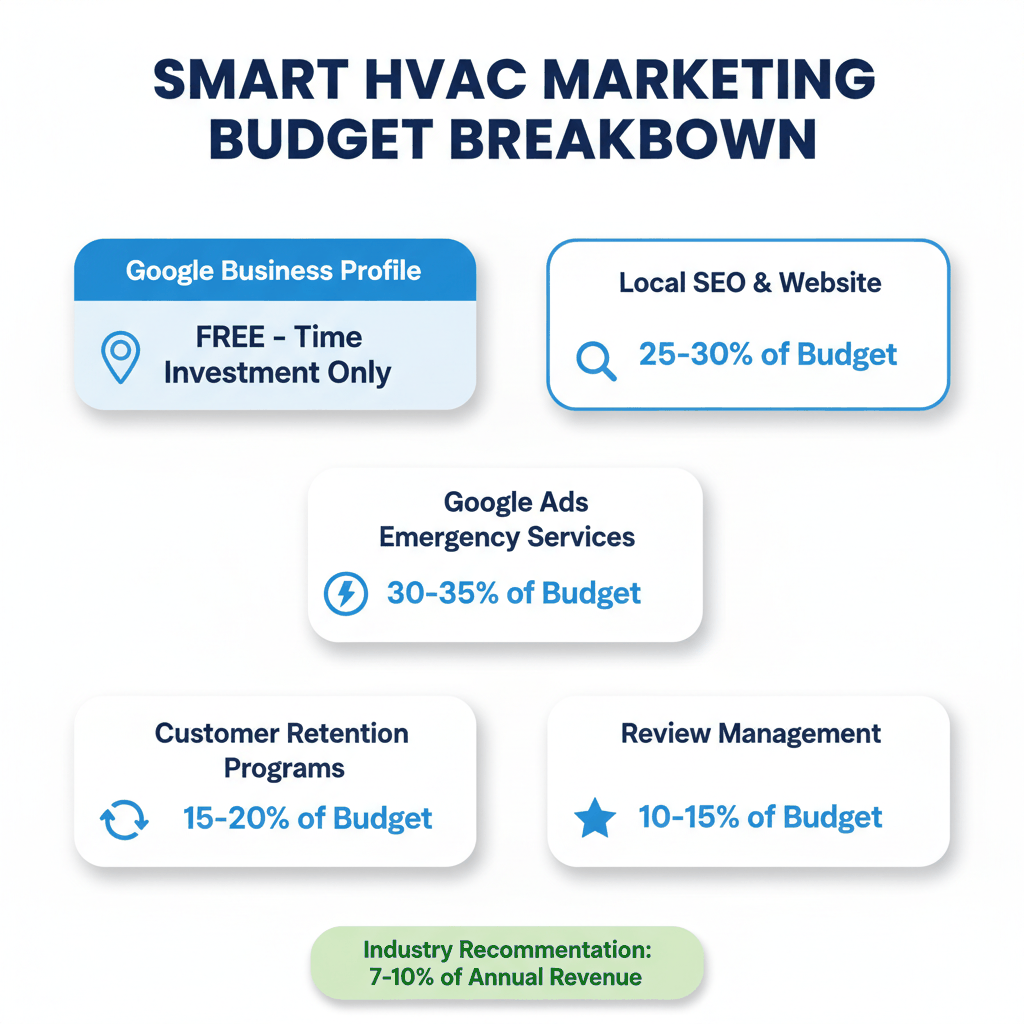 HVAC marketing budget allocation guide showing recommended spending percentages for local SEO, Google Ads, and customer retention