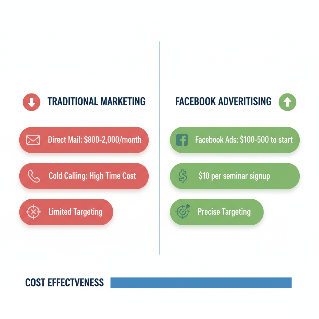 Cost comparison showing Facebook advertising at $10 per seminar signup versus traditional marketing methods costing $800-2000 monthly