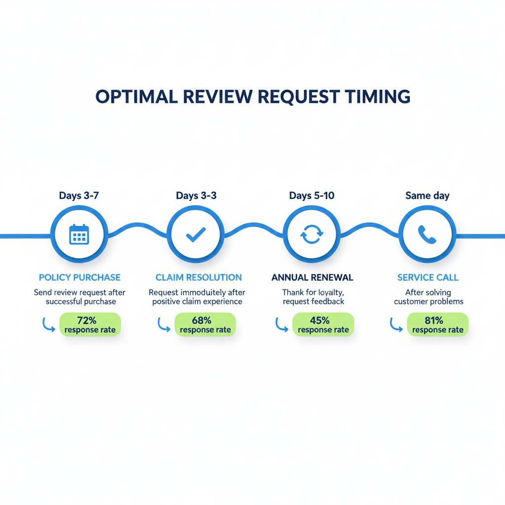 Optimal review request timing timeline for auto insurance agents showing best times to ask for reviews after policy purchase, claim resolution, annual renewal, and service calls with response rates