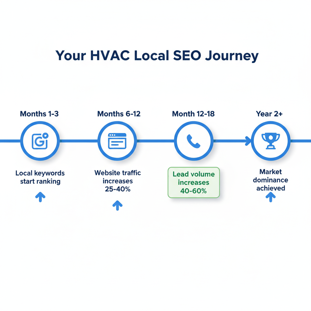 HVAC local SEO timeline showing growth milestones from months 1-3 through year 2 with lead volume increases of 40-60%