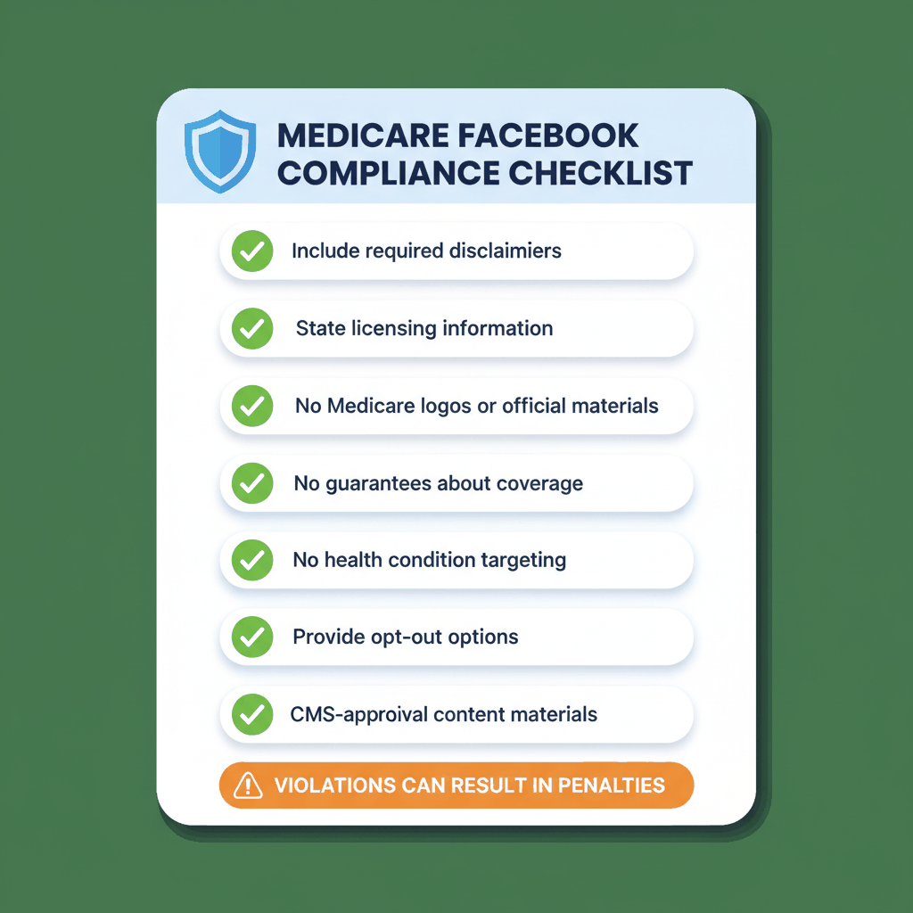 Medicare Facebook advertising compliance checklist showing CMS requirements including disclaimers, licensing, and prohibited content