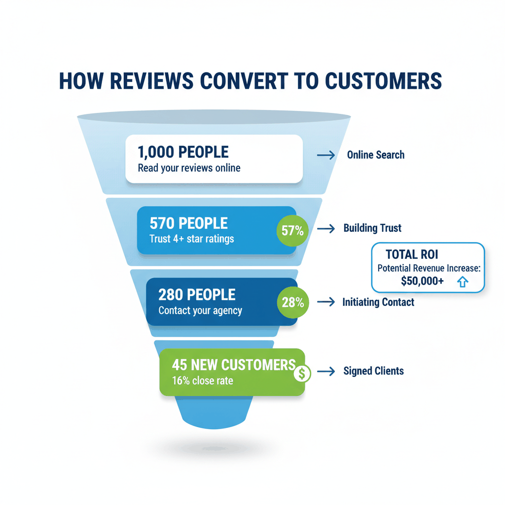 Review conversion funnel showing how 1000 people reading reviews converts to 45 new insurance customers with conversion rates at each stage