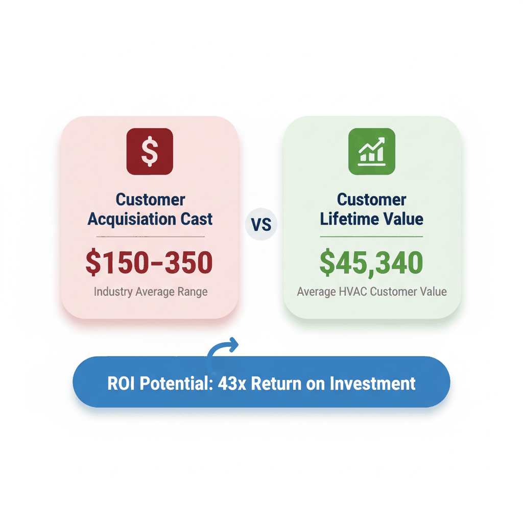 HVAC customer acquisition cost ($150-$350) versus lifetime value ($15,340) showing 43x return on investment potential