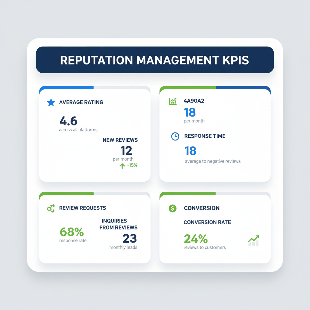 Insurance reputation management KPI dashboard showing average rating 4.6 stars, 12 new reviews per month, 18-hour response time, 68% request response rate, 23 monthly inquiries, 24% conversion rate