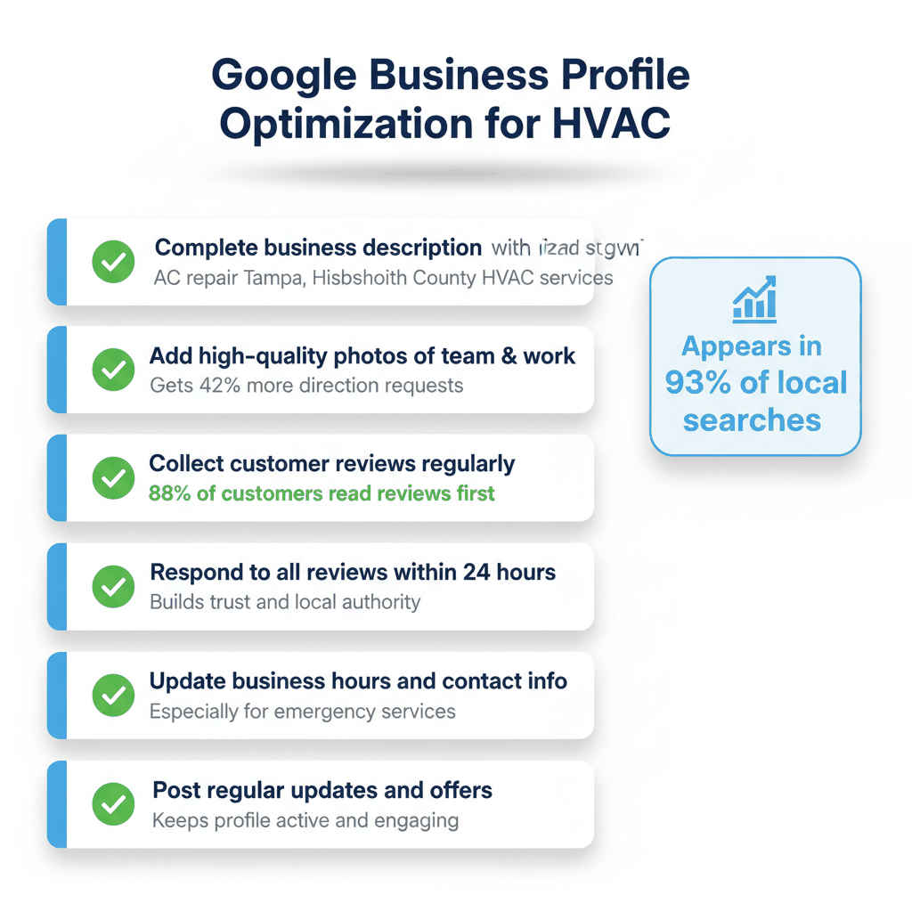 Google Business Profile optimization checklist for HVAC contractors showing 6 essential steps for local search visibility