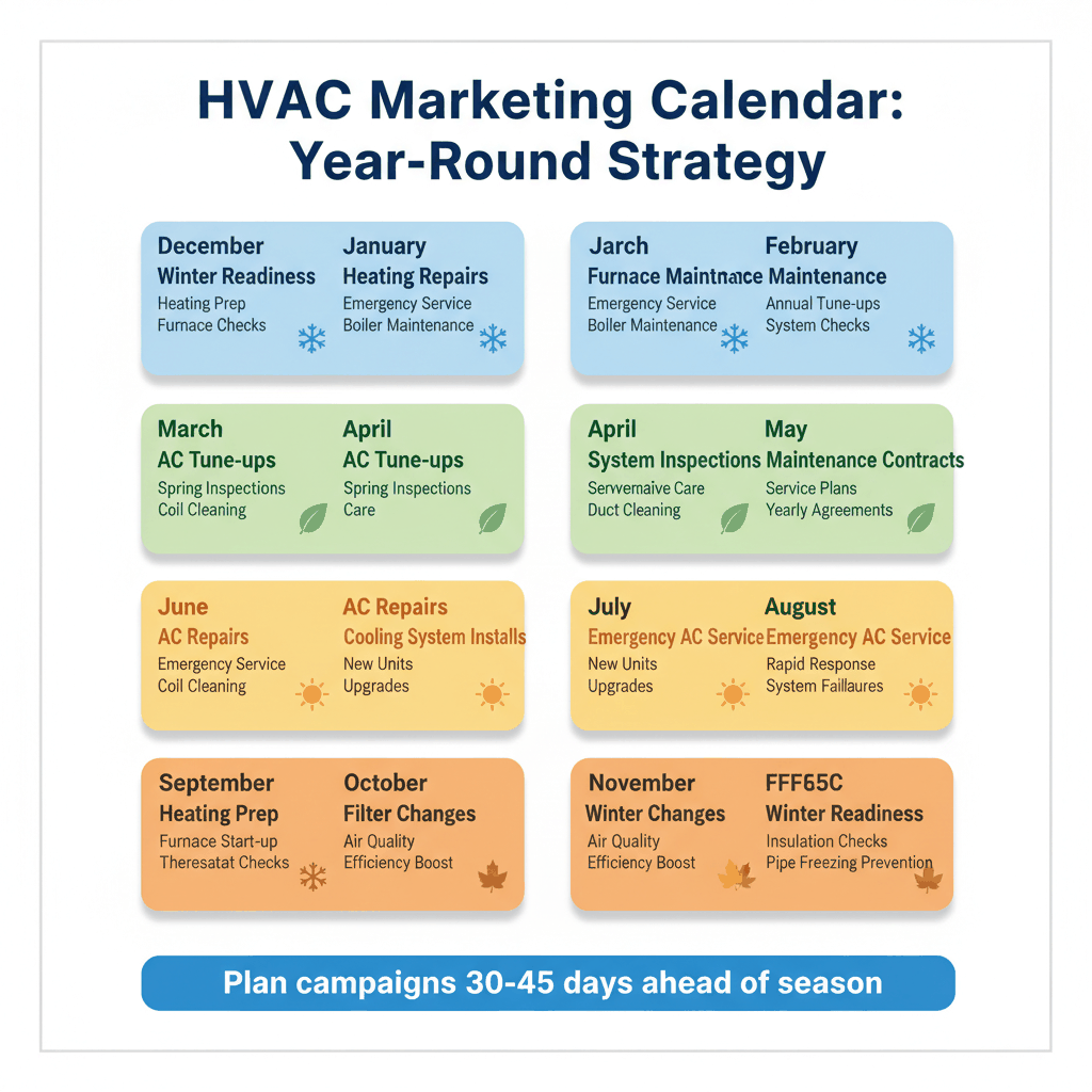 HVAC marketing calendar showing seasonal strategies from winter heating repairs to summer AC services and maintenance scheduling