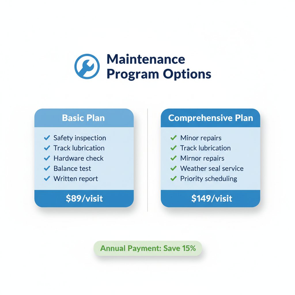 Garage door maintenance program comparison showing basic and comprehensive service options with pricing - maintenance service packages