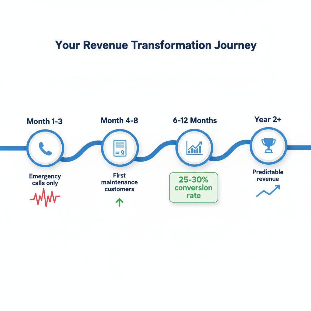 Timeline showing transformation from unpredictable emergency repairs to stable recurring maintenance revenue over 2 years - garage door business revenue growth