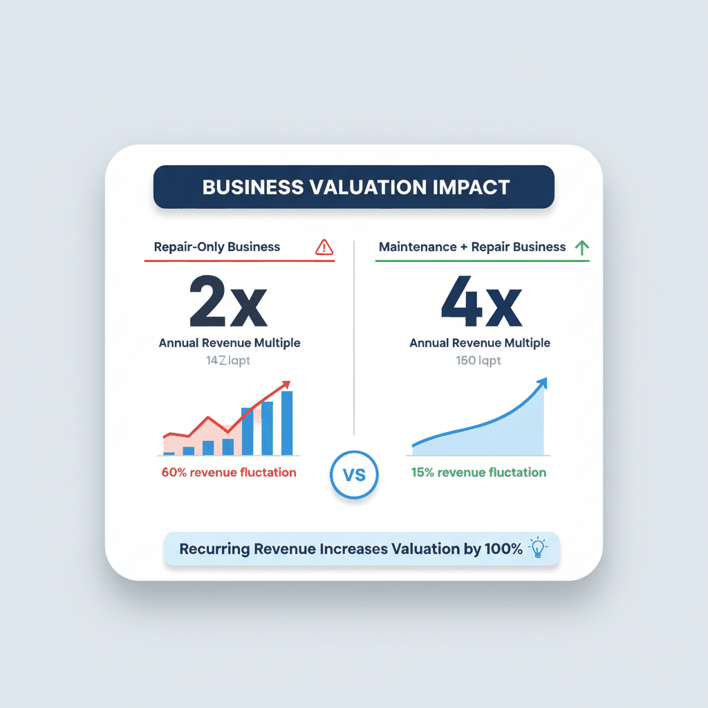 Business valuation comparison showing 2x vs 4x revenue multiples for repair-only versus maintenance program businesses - garage door business value