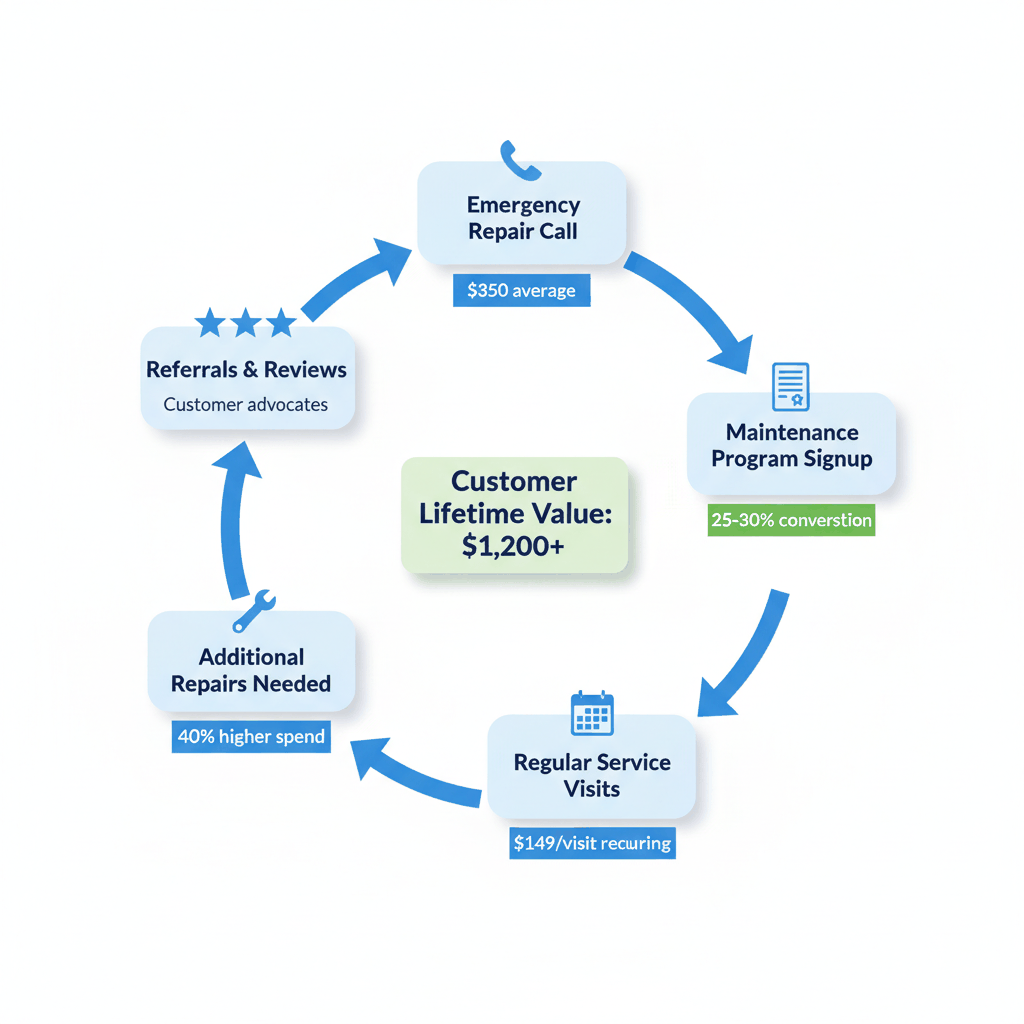 Customer lifecycle showing progression from emergency repair to maintenance program enrollment and increased lifetime value - customer retention strategy