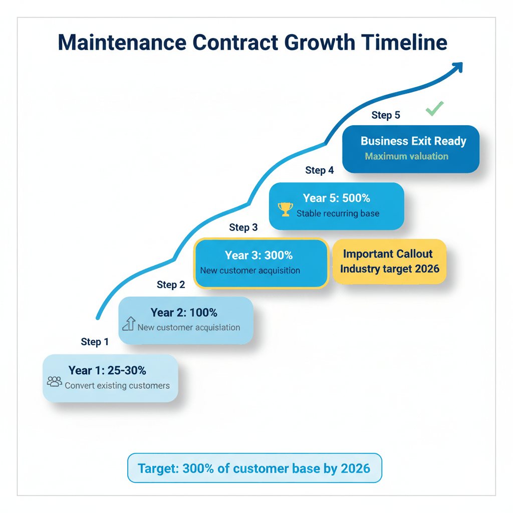 Progressive growth chart showing maintenance contract scaling from 25% to 500% of customer base over 5 years - business growth targets