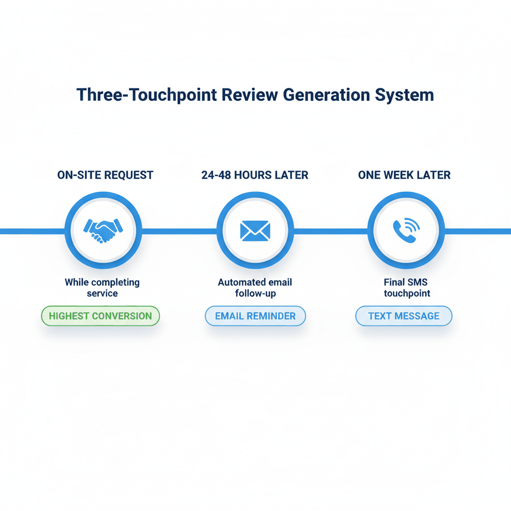 Three-touchpoint plumber review generation timeline showing on-site request, email follow-up, and SMS reminder system