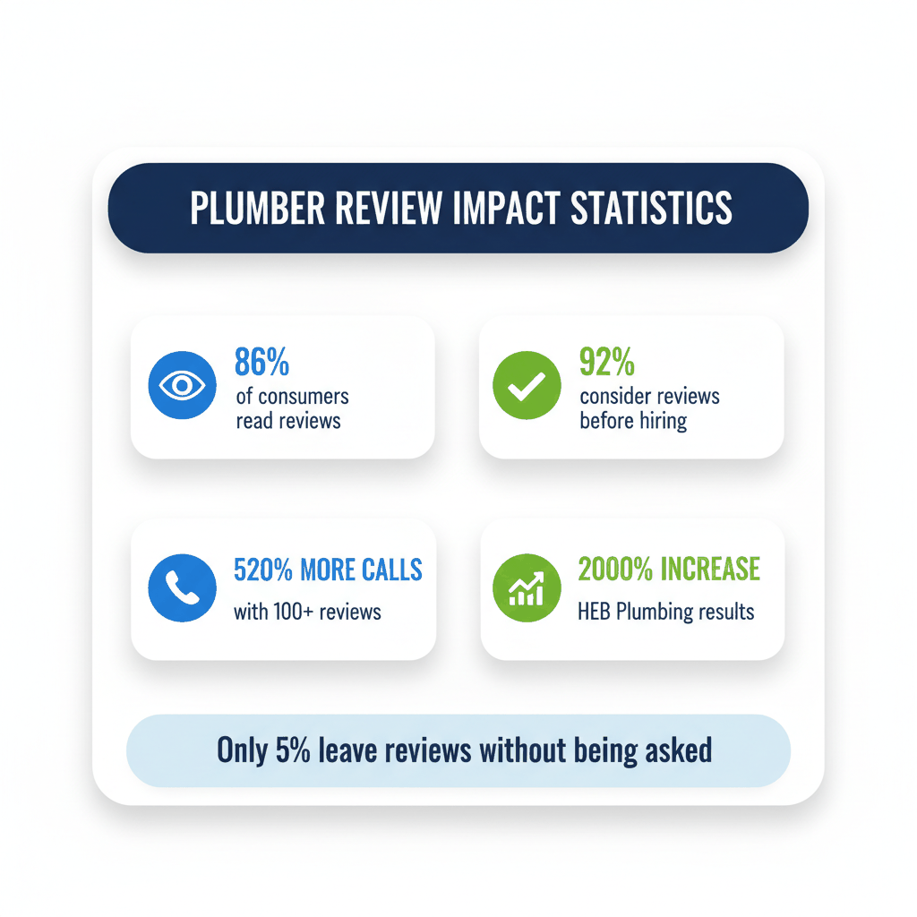 Plumber review statistics dashboard showing 86% of consumers read reviews and 520% more calls with 100+ reviews