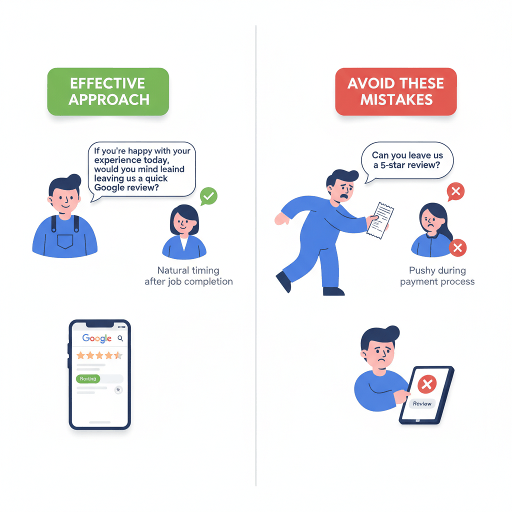 Plumber technician training guide showing effective vs ineffective ways to request customer reviews