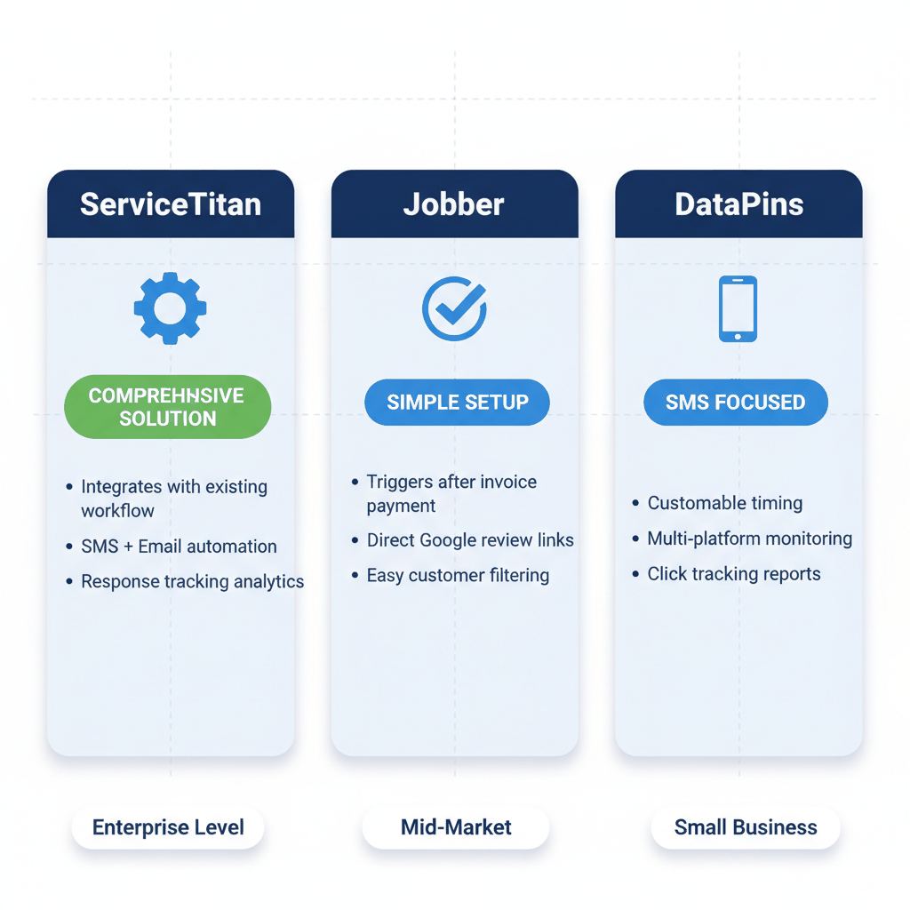 Automated plumber review generation tools comparison - ServiceTitan, Jobber, and DataPins features and pricing
