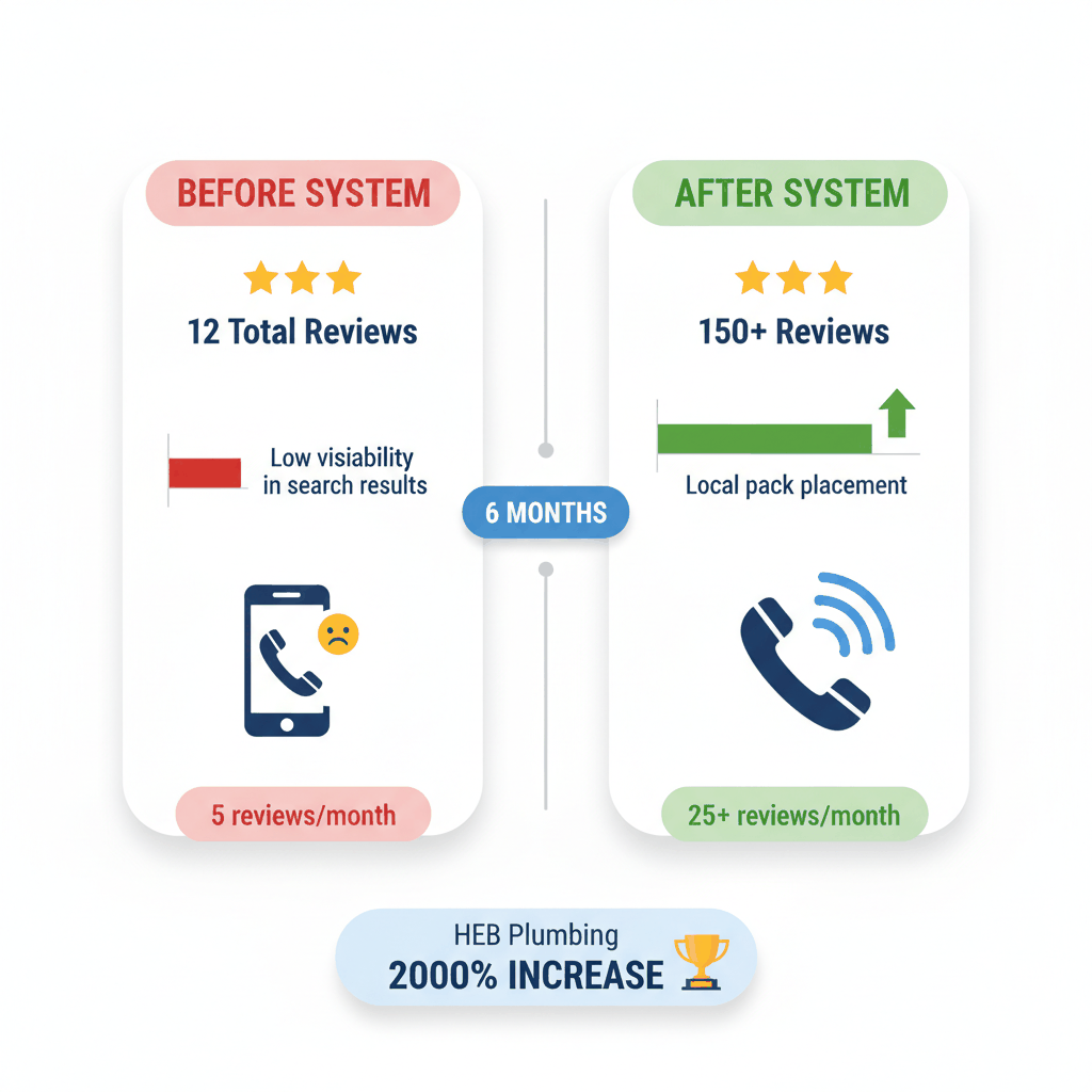 Plumber review generation before and after results showing increase from 12 to 150+ reviews in 6 months