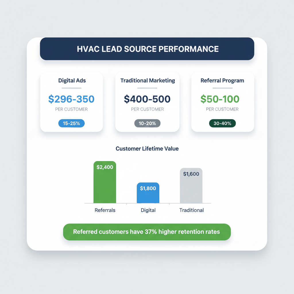 HVAC referral program cost comparison showing lower acquisition costs and higher conversion rates vs digital ads and traditional marketing