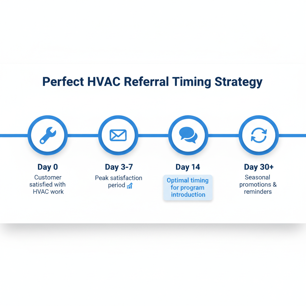HVAC referral request timing strategy showing optimal 3-7 day follow-up window after service completion