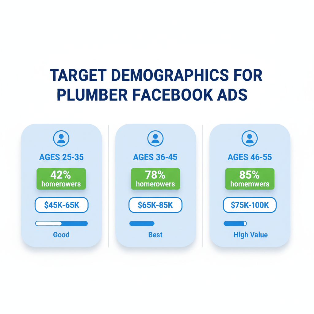 Facebook ads targeting demographics comparison showing optimal age groups and homeowner percentages for plumber lead generation campaigns