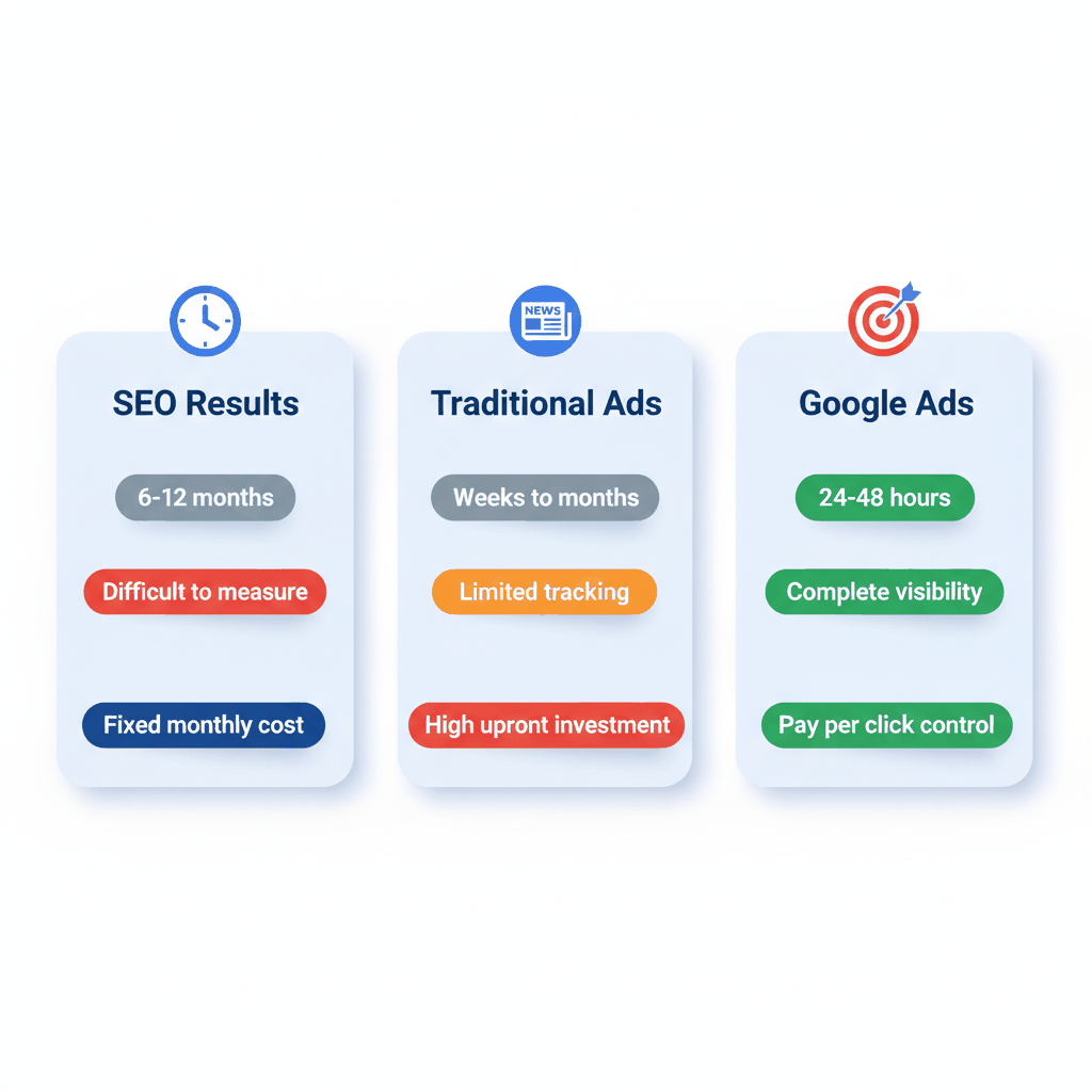Google Ads vs SEO vs traditional advertising comparison chart for pest control lead generation timeline and tracking