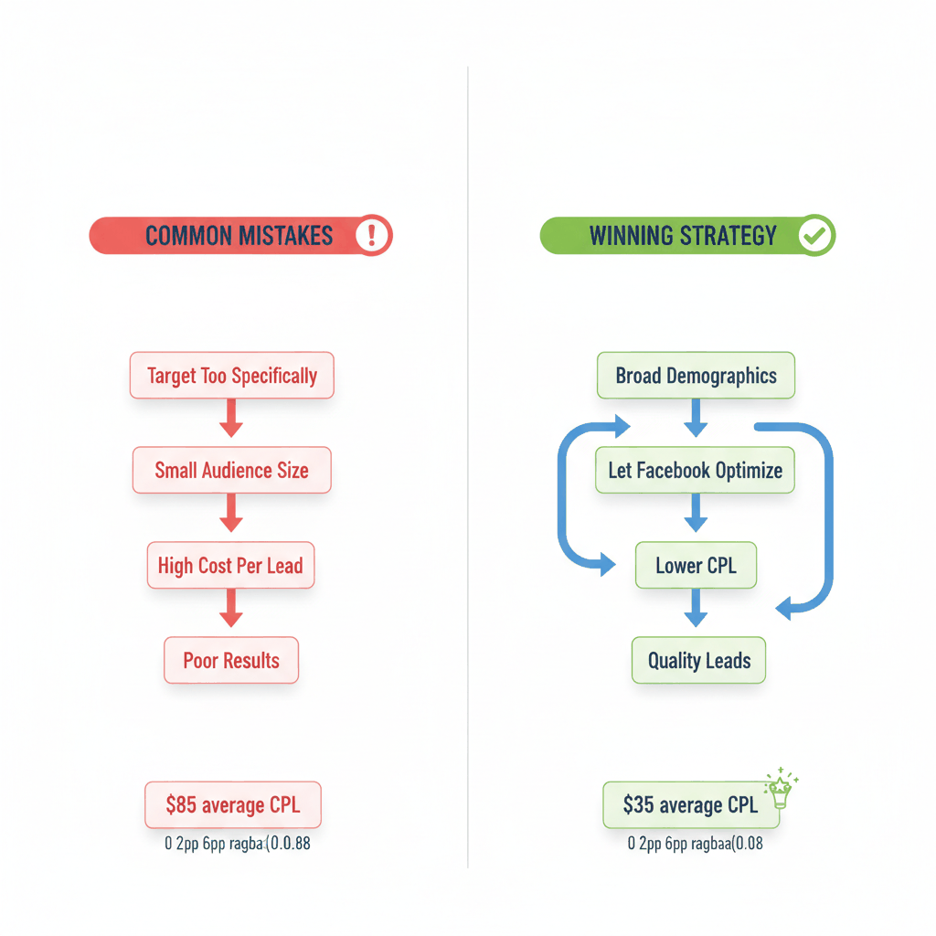 Facebook advertising mistakes vs winning strategies flowchart showing targeting approaches and cost per lead differences for plumber campaigns