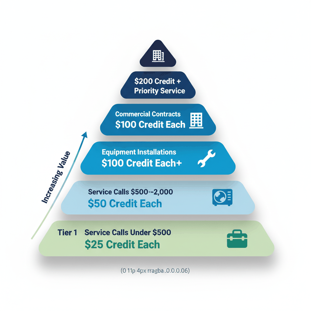 HVAC referral program tiered reward structure showing $25-200 incentives based on job value from service calls to commercial contracts