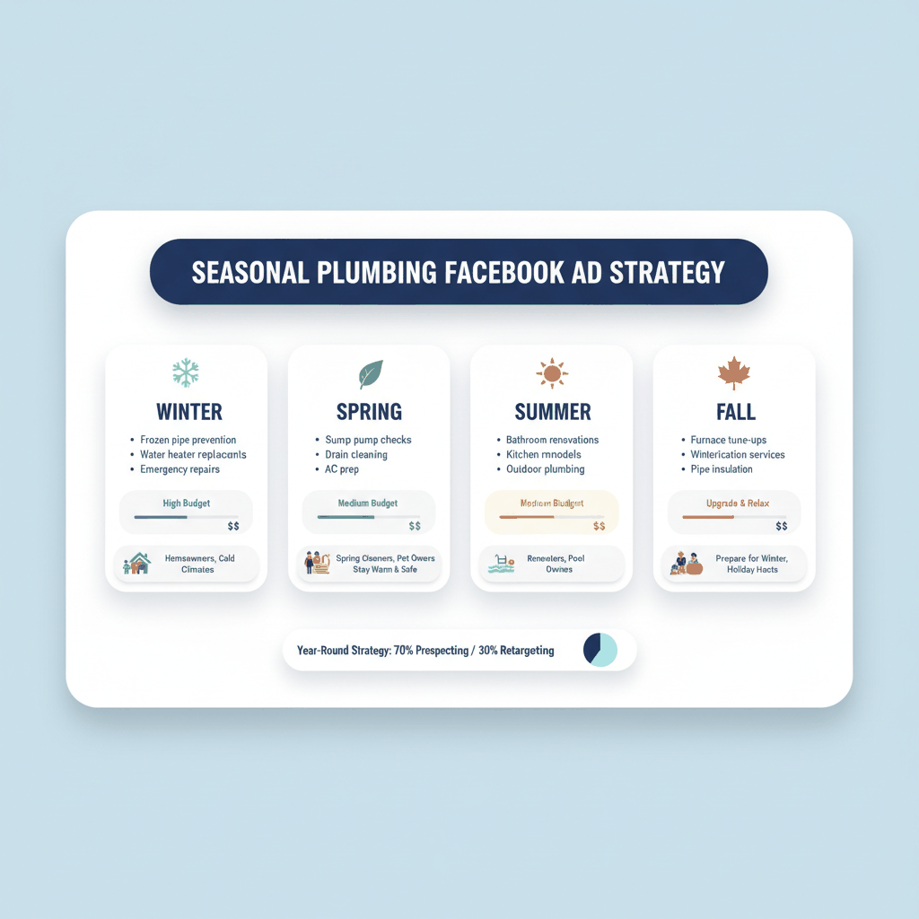Seasonal plumbing Facebook ads campaign calendar showing quarterly strategies, budget allocation, and service focus areas throughout the year