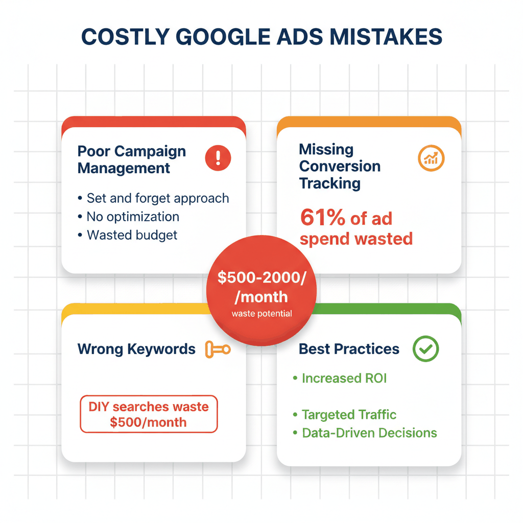 Four common Google Ads mistakes pest control companies make - campaign management, tracking, keywords, and budget waste