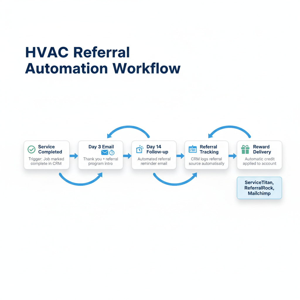 HVAC referral program automation workflow showing CRM integration and email sequences from service completion to reward delivery