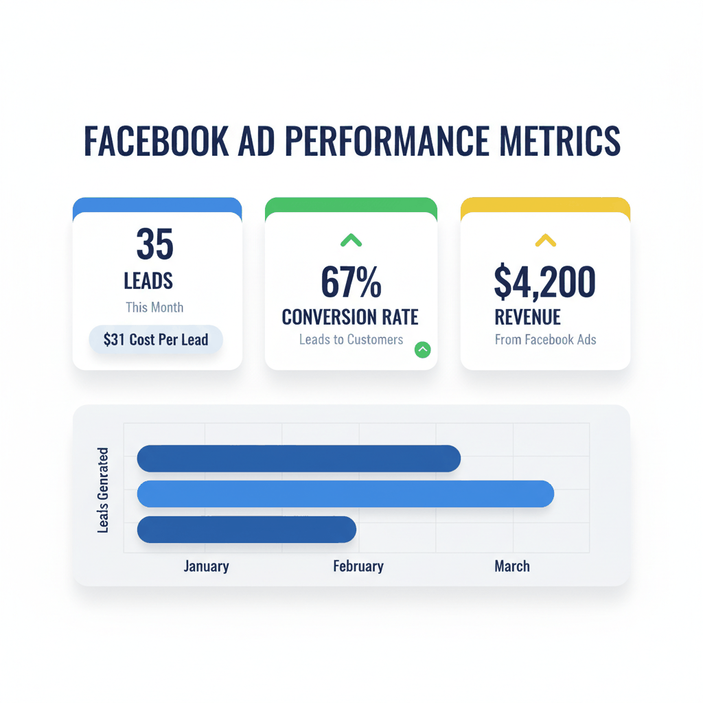 Facebook ads performance dashboard showing lead generation metrics, conversion rates, and revenue tracking for plumbing business campaigns