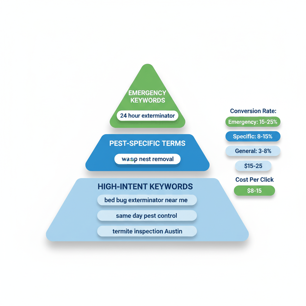 Pest control Google Ads keyword strategy pyramid showing high-intent emergency terms, pest-specific keywords, and conversion rates