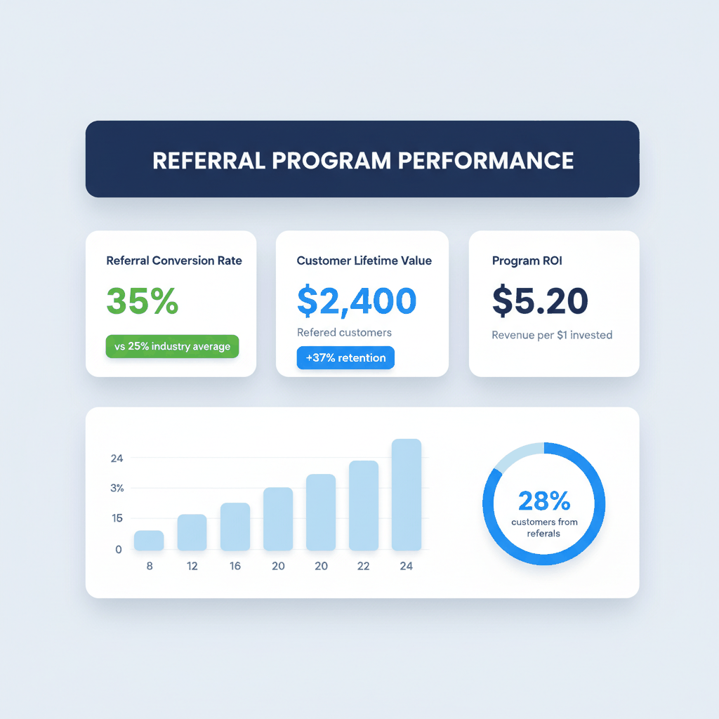 HVAC referral program success metrics showing 35% conversion rate, $2400 customer lifetime value, and $5.20 ROI per dollar invested
