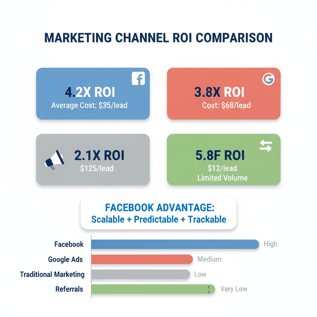 Marketing channel ROI comparison showing Facebook ads performance vs Google Ads, traditional marketing, and referrals for plumber lead generation
