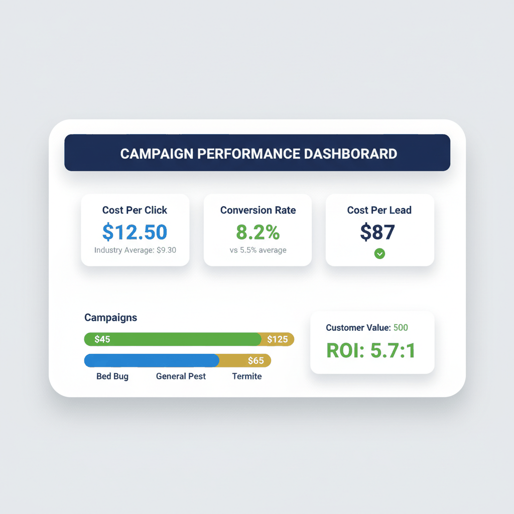 Pest control Google Ads ROI dashboard showing cost per click, conversion rates, and campaign performance metrics compared to industry averages