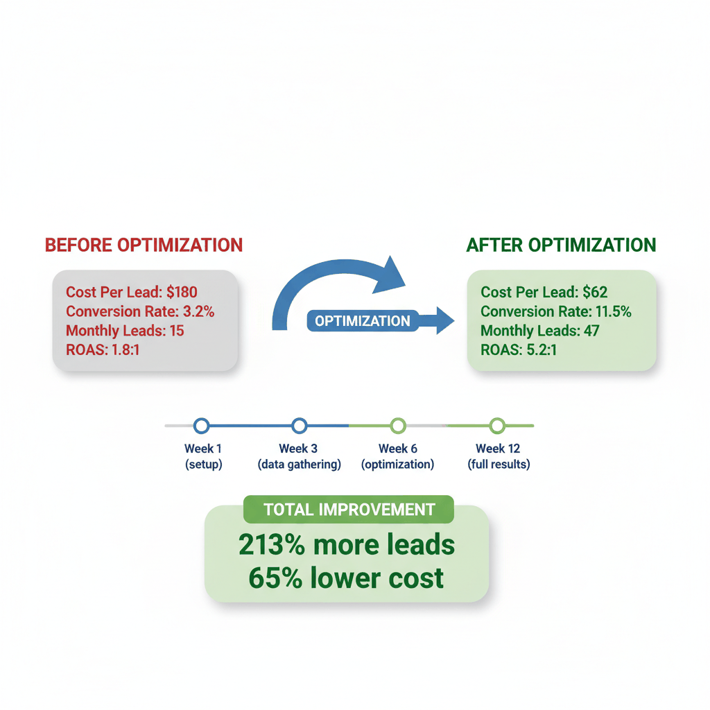 Google Ads optimization timeline showing before and after results - 213% lead increase and 65% cost reduction for pest control company