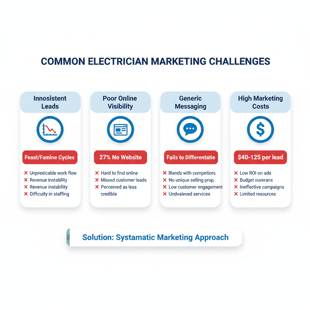 Electrical contractor marketing challenges comparison chart showing inconsistent leads, poor visibility, generic messaging, and high costs - marketing for electricians