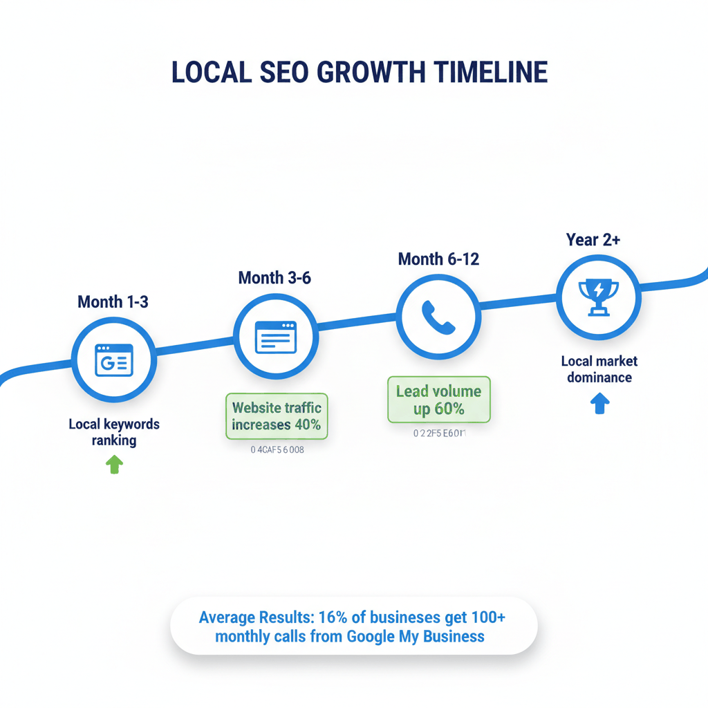 Local SEO timeline showing electrical contractor growth from month 1 to year 2 with ranking improvements and lead increases - electrician local SEO