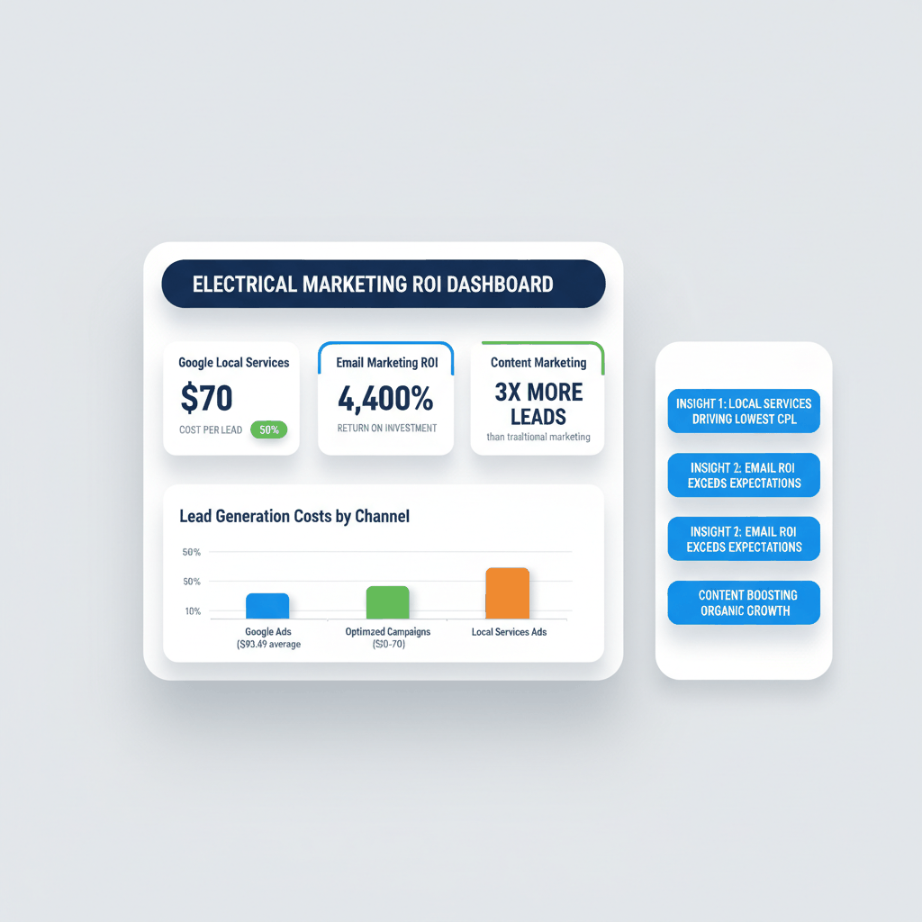 Marketing ROI dashboard for electrical contractors showing cost per lead, email marketing returns, and lead generation channel costs - electrical contractor marketing