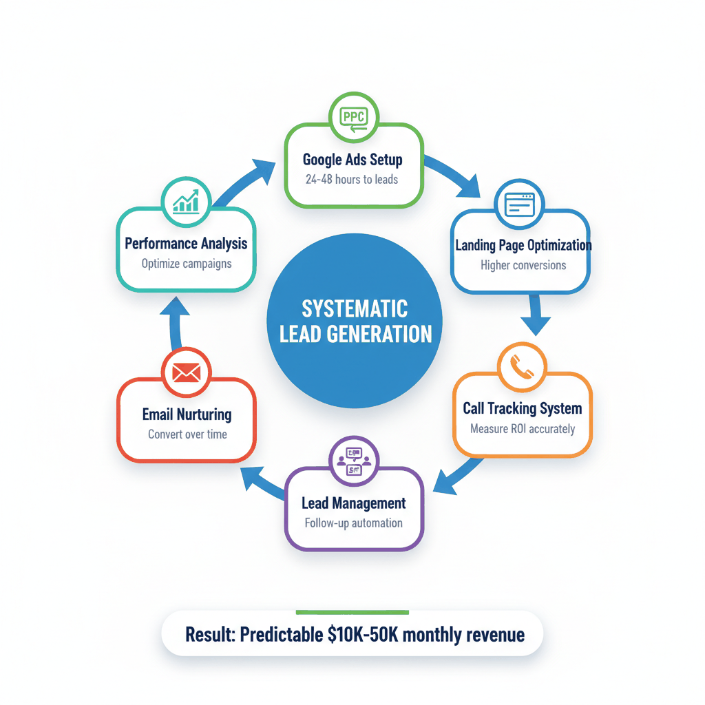 Six-step lead generation process diagram for electrical contractors showing Google Ads, landing pages, tracking, and optimization - electrician lead generation