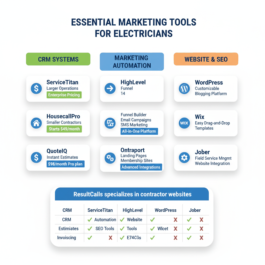Marketing tools comparison grid showing CRM systems, automation platforms, and website tools for electrical contractors - marketing tools electricians