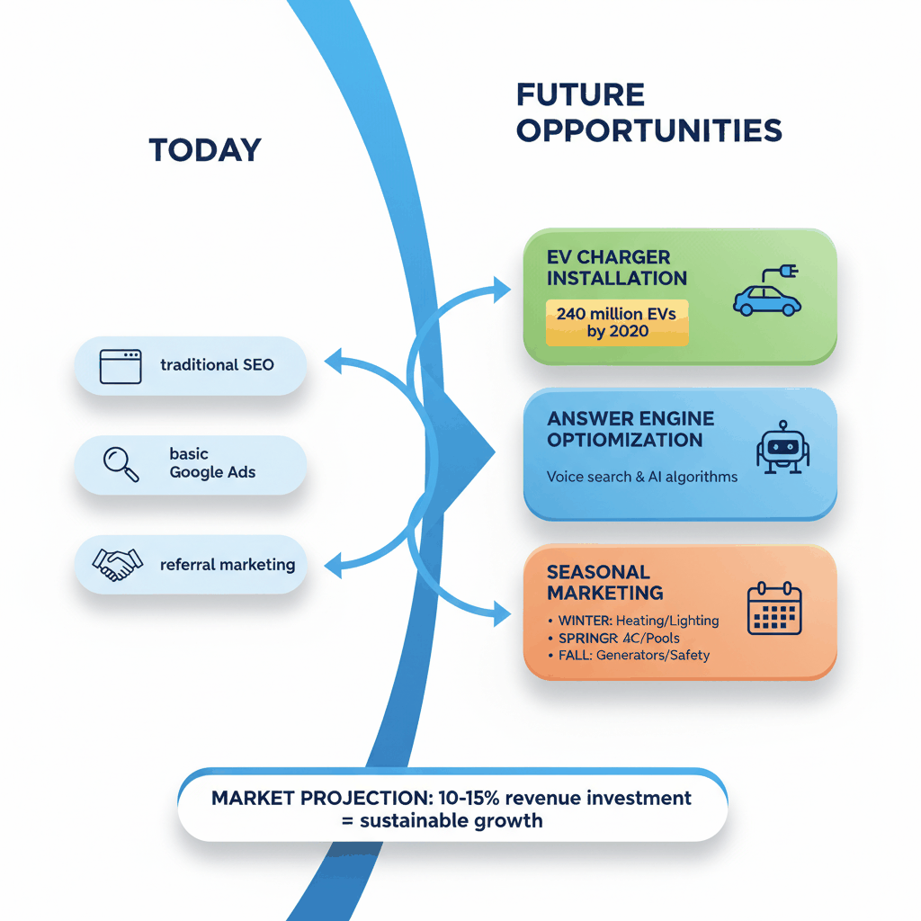 Future marketing trends for electrical contractors showing EV charger opportunities, AI optimization, and seasonal strategies - electrical marketing trends 2025